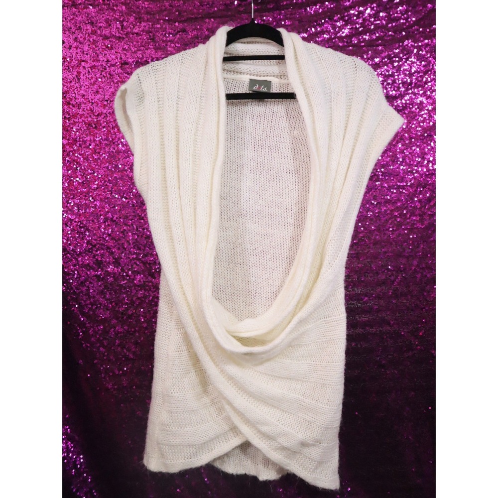 Cream Sweater Small Dots Juniors Deep Cowl Neck Wrap Hem Knit Cap Sleeves 9W657